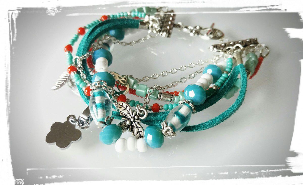Bracelet été , coloré , bleu , vert , perles naturelles , cordon , multitangs