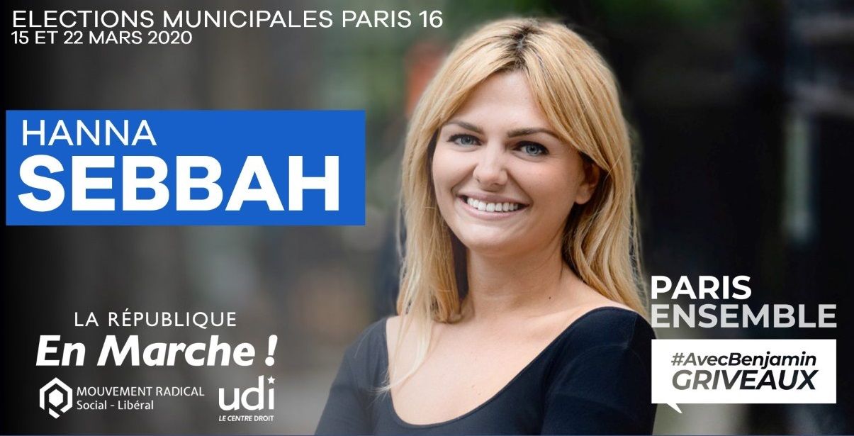 Hanna Sebbah, l'affiche de la campage. La désinvolture posture d'Hanna Sebbah, candidate LREM dans le XVIe aux municipales 2020
