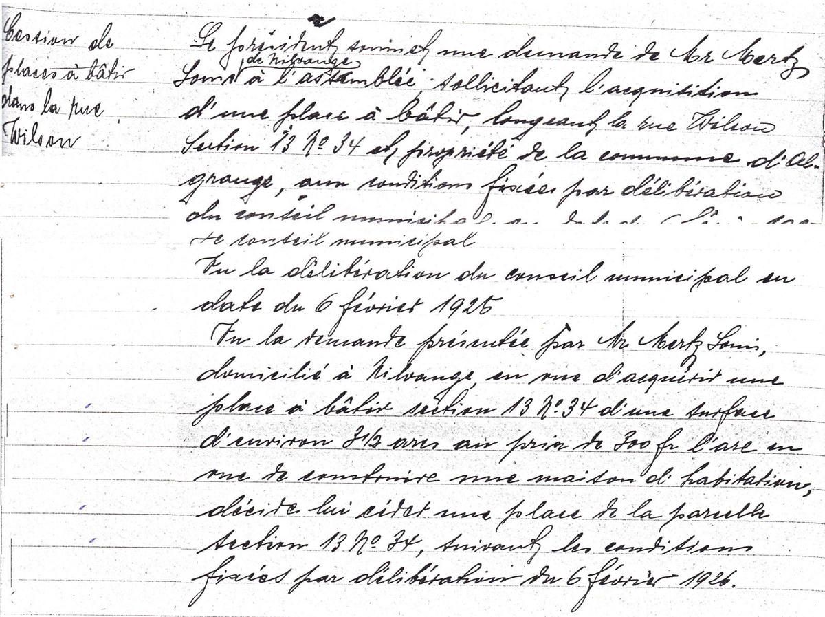 Demande de construction de maisons d'habitation rue Wilson à Algrange, de 1924 à 1926