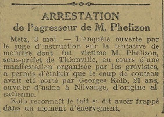 Publication de l'Est Républicain du 4 mai 1920 (Source Kiosque Lorrain)