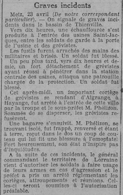 Publication de l'Est Républicain du 24 avril 1920 (Source Kiosque Lorrain)