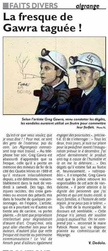 La fresque de Greg GAWRA à Algrange, taguée avant l'inauguration