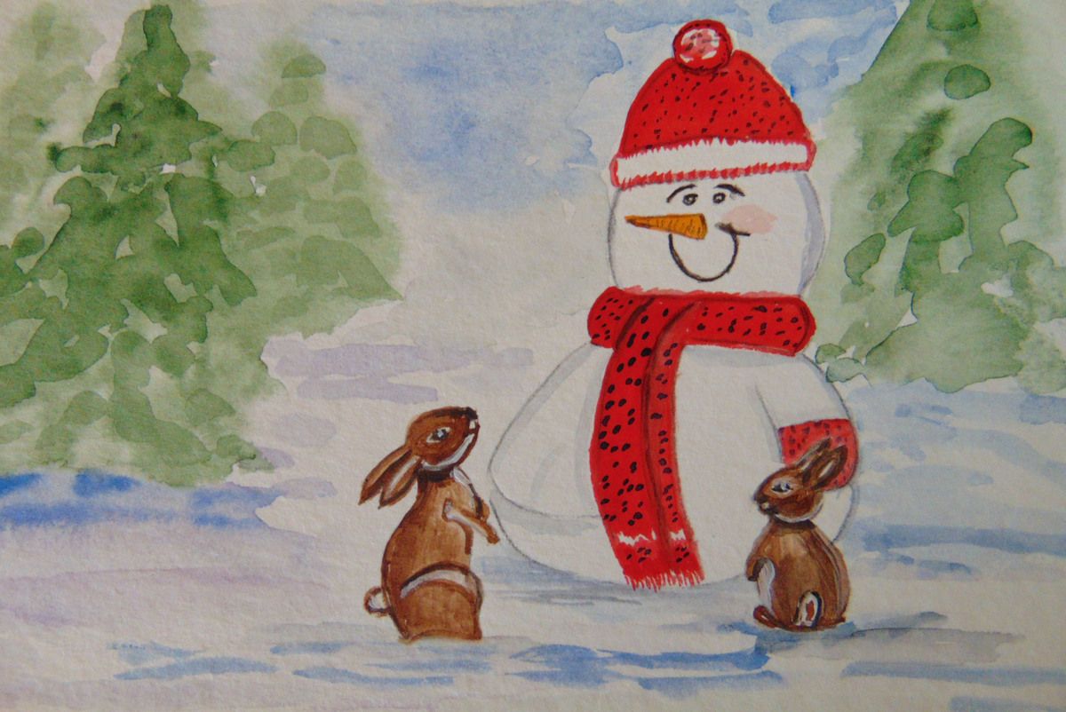Carte De Voeux Bonhomme De Neige Et Les Lapins Aquarel Lise Carte De Voeux Bonhomme De Neige Et Les Lapins Aquarel Lise