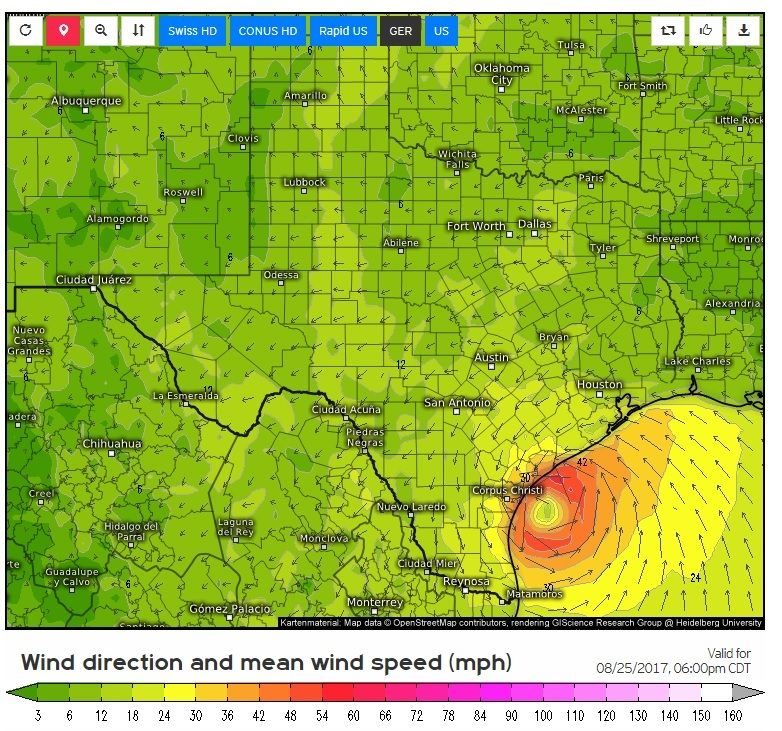 Prevision vent Texas HARVEY