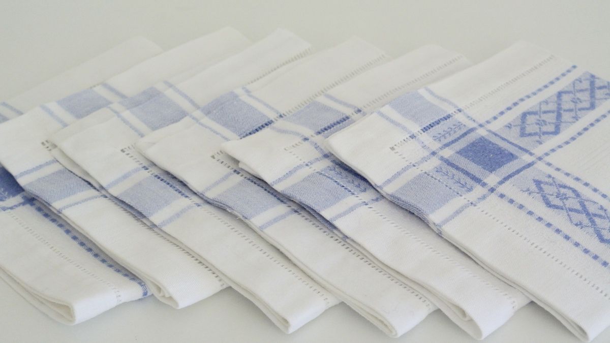 Lot de 6 serviettes en damassé de coton blanches et bleues jour venise  Vintage 
