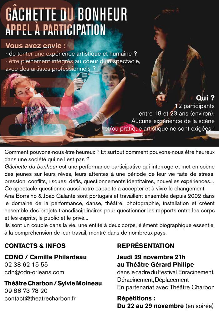 LA GÂCHETTE DU BONHEUR CDNO / Théâtre Charbon : Appel à 12 participants 18 / 23 ans – Candidatures jusqu’au 12 octobre