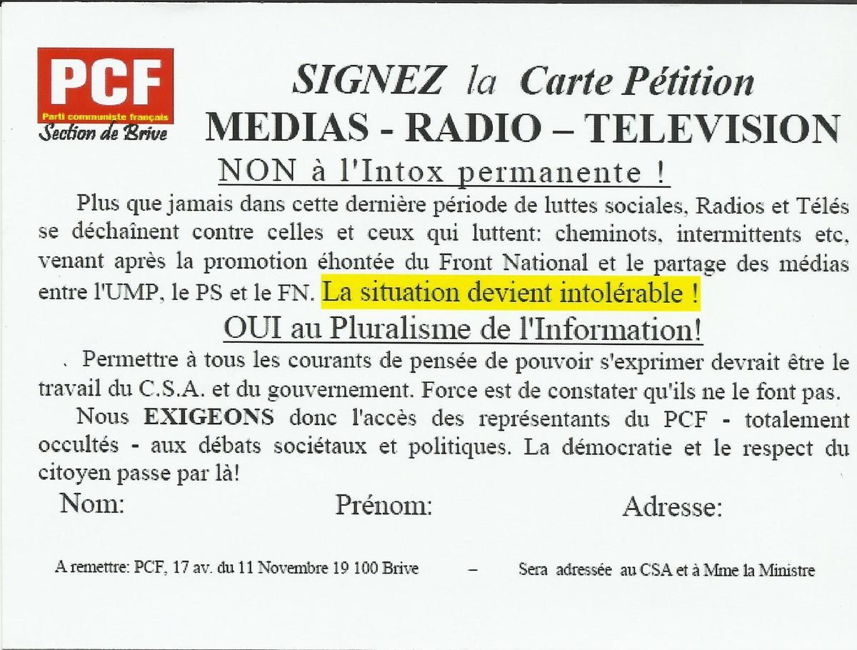 Le Parti Communiste Français de Brive lance une carte pétition pour dénoncer l'intox permanente des médias 