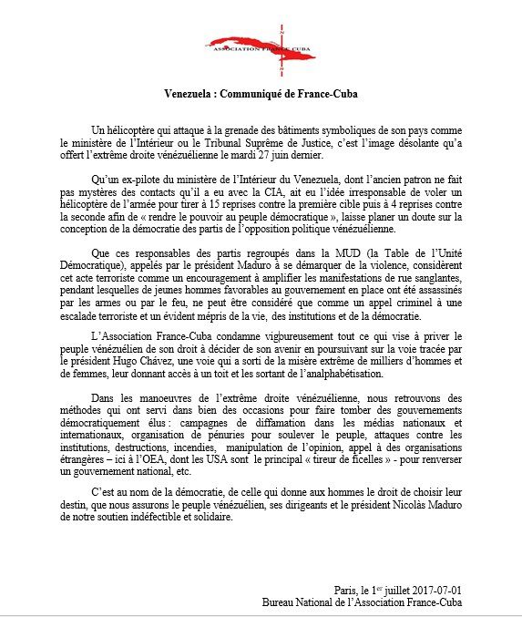 Venezuela : Communiqué Bureau National de l'Association France-Cuba, 1er juillet 2017