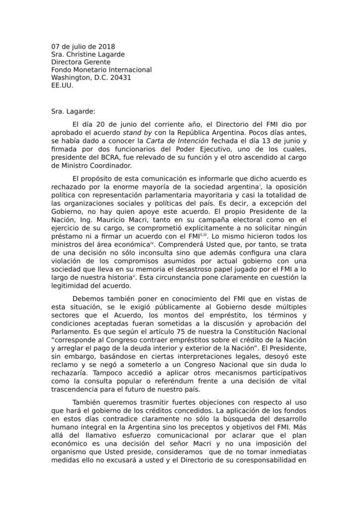 Carta a Christine Lagarde: ¡No al FMI!