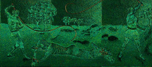 Tableau réalisé par Jan Fabre avec des carapaces de sacarbées évoquant les châtiments corporels que subissaient les congolais.