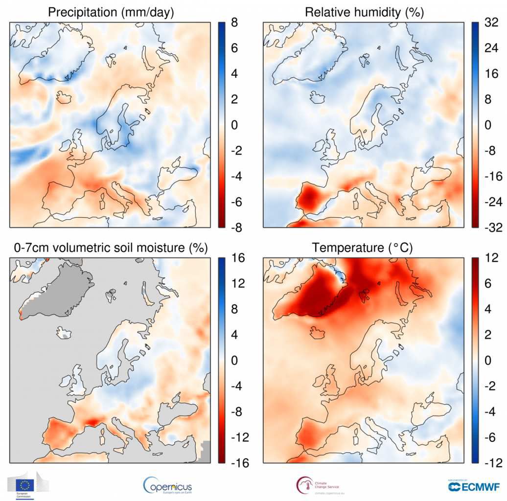 Anomalien des Niederschlages, relativer Luftfeuchtigkeit, der Bodenfeuchte und der Temperatur über Europa im Oktober 2017 zur Vergleichsperiode 1981-2010 Quelle: ECMWF Copernicus Climate Change Service