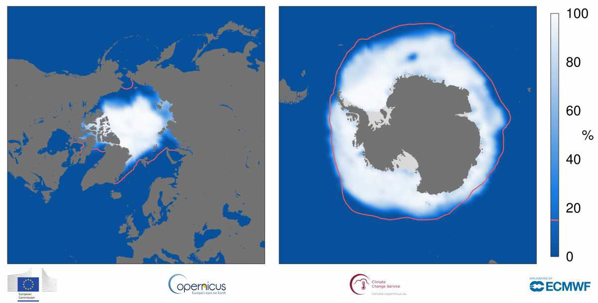 Die durchschnittliche Meereisbedeckung im Oktober 2017, die rosafarbene Markierungslinie entspricht der durchschnittlichen Packeisgrenze des Vergleichszeitraumes 1981-2010 Quelle: ECMWF Copernicus Climate Change Service