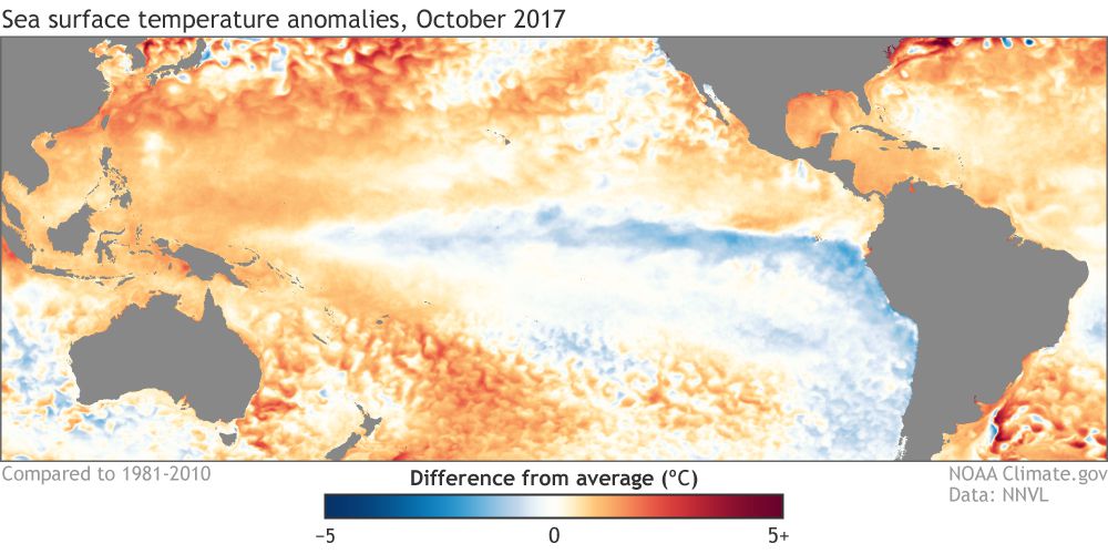 Oberflächentemperaturen des pazifischen Ozeans im Oktober 2017 zeigen den La-Nina-Effekt