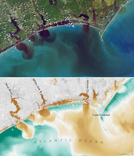 Die Auswirkungen von Hurrikan Florence vor der Küste der Carolinas, Sedimentwolken belasten die Gewässerqualität Quelle: NASA Earth Science Disaster Program