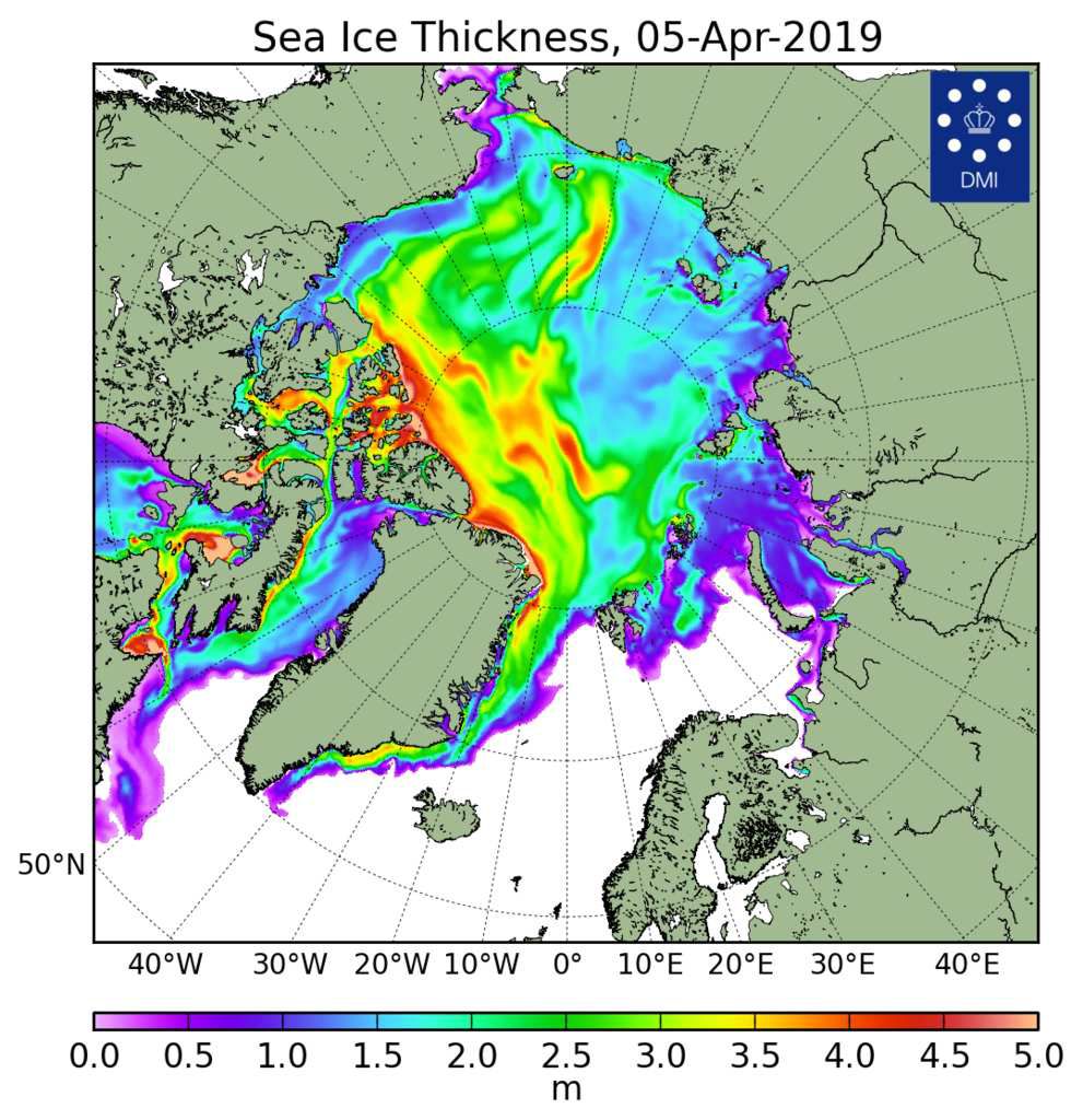 Meereisdicke auf dem arktischen Ozean am 5. April 2019 Quelle: Polar Portal Dänemark