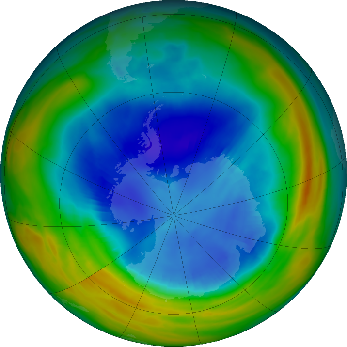 Das Ozonloch über der Antarktis am 25. August 2019 Quelle: NASA Ozone watch