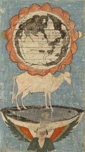 D' "Acai-ul Makhlukat" ("les Merveilles de la Création") de Zekeriya Kazvinî. Traduit de l'arabe vers le turc. Istanbul: vers 1553. Cette carte montre "une projection musulmane traditionnelle du monde comme un disque plat entouré de mers arrêtées par les montagnes du Qaf tout autour".