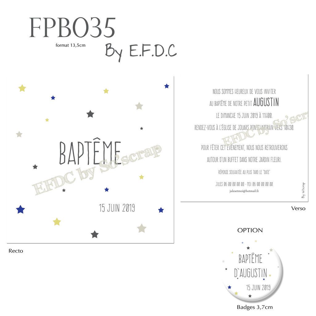 RÉF FPB035, faire part baptême thème étoiles, couleurs moutarde, bleu et gris, création épurée simple, à personnalise, adaptable pour fille, recto/verso 13,5cm, scrap digital, en option assorti badge de baptême