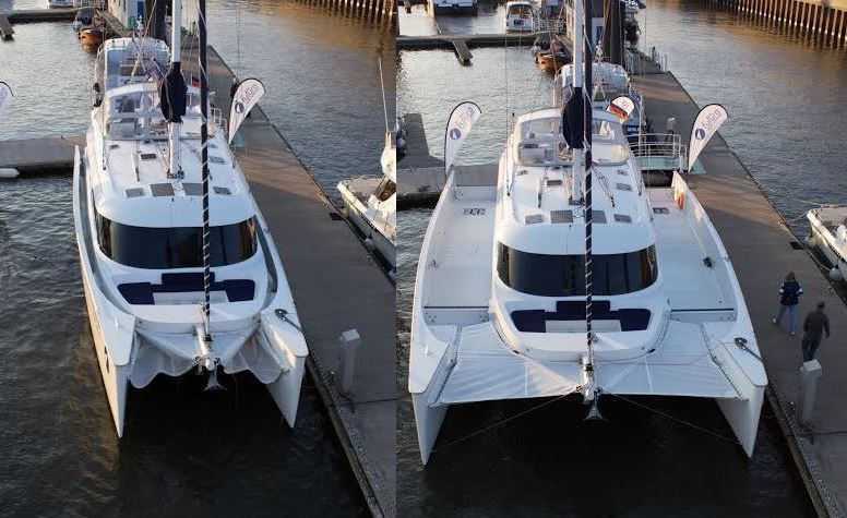 Le catamaran Futura 49 en position navigation ou portuaire. The first width variable catamaran goes into serial production