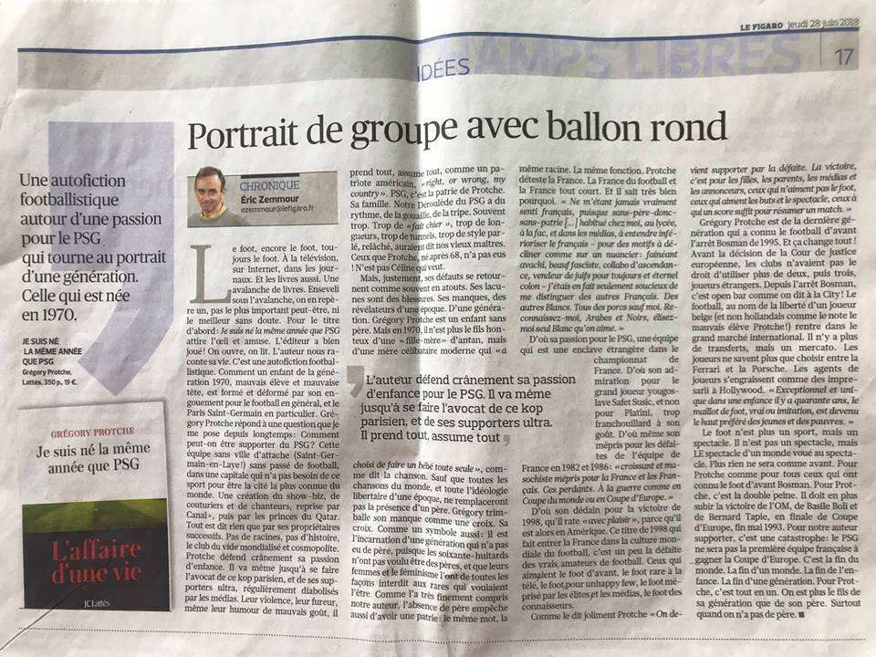 Eric Zemmour sur Je suis né la même année que PSG de Grégory Protche in Le Figaro