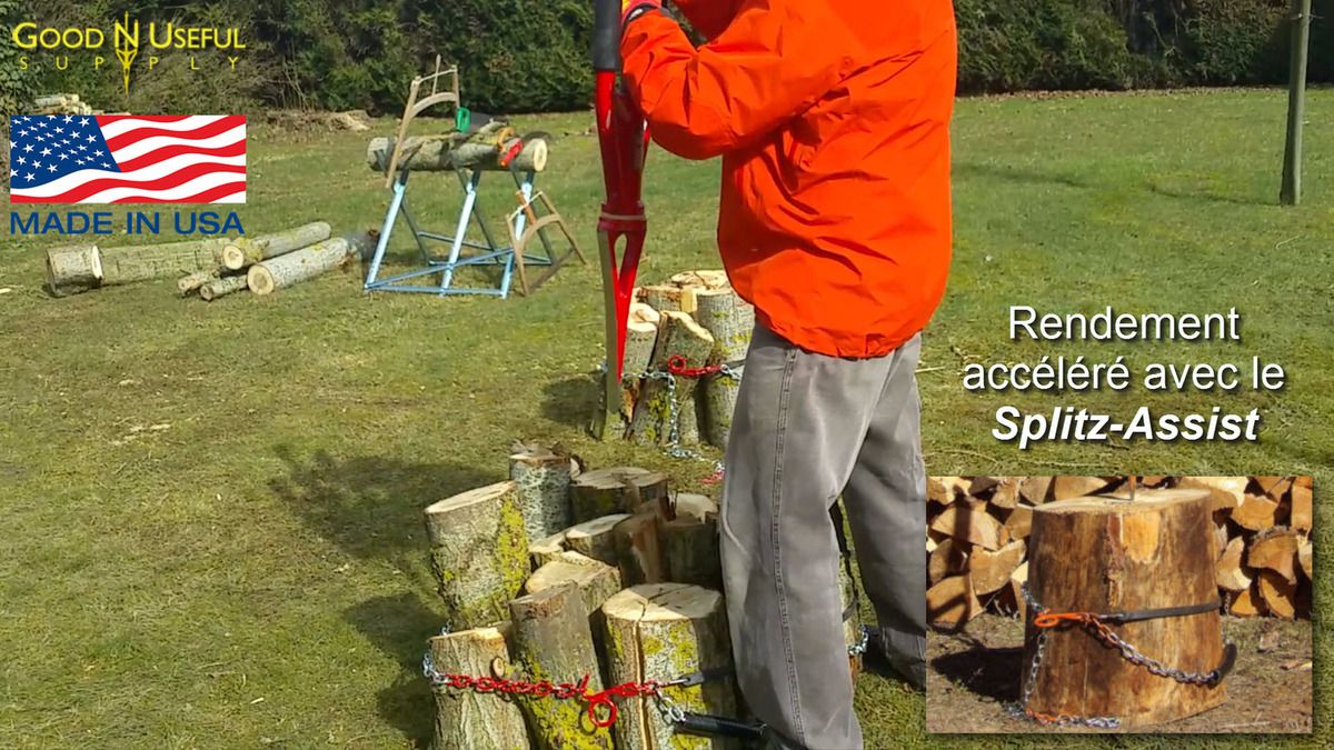 Voici le Splitz All et le Splitz Assist de chez GOOD N USEFUL made in USA : Outil Fendeur de bûches pour bois de chauffage.