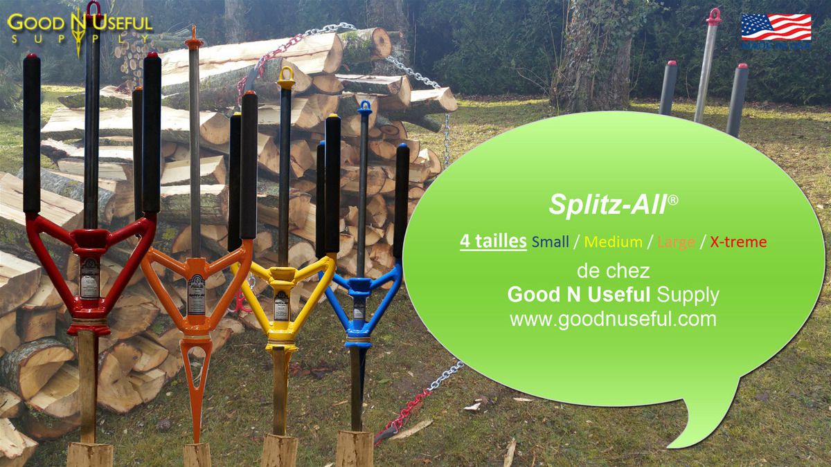Voici le Splitz All et le Splitz Assist de chez GOOD N USEFUL made in USA : Outil Fendeur de bûches pour bois de chauffage.