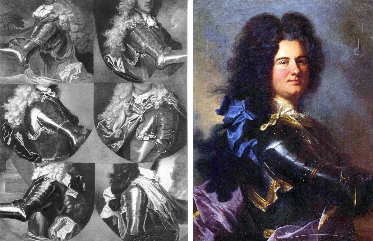 A gauche : Atelier d'Hyacinthe Rigaud, répertoire d'attitudes cuirassées, coll. priv. © photo d.r. / A droite : Hyacinthe Rigaud, portrait de militaire, v. 1699, coll. priv. © Tajan