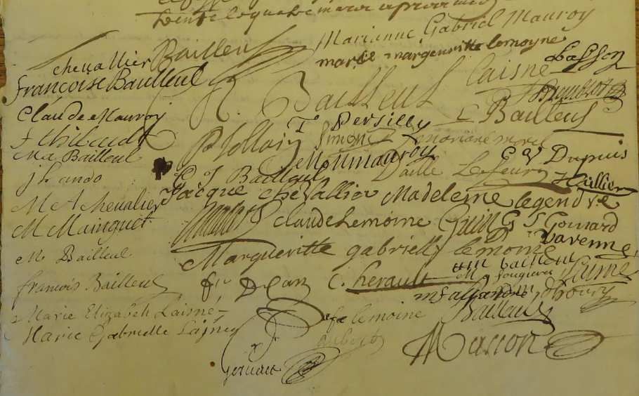 Signature de Claude Bailleul au contrat de mariage de son frère en 1730. Paris, arch. nat., minutier central, ét. CVIII, 399 © familles parisiennes
