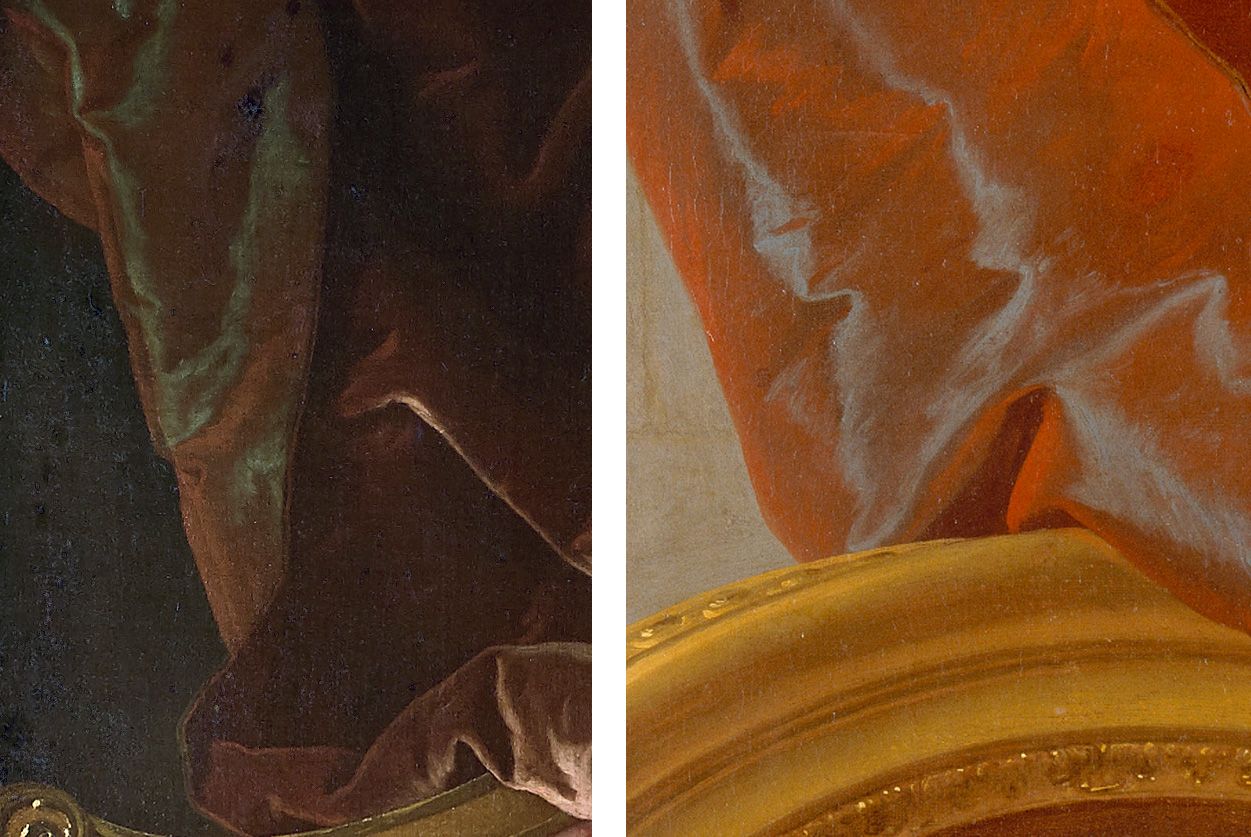 À gauche : Hyacinthe Rigaud, portrait de femme à la robe brune, v. 1719-1721 (détail). Collection particulière © photo cabinet Turquin / À droite : Hyacinthe Rigaud (attr.), portrait dit de Madame de Montginot. Nantes, musée des beaux-arts. Inv. 996.4.1.P © photo Stéphan Perreau