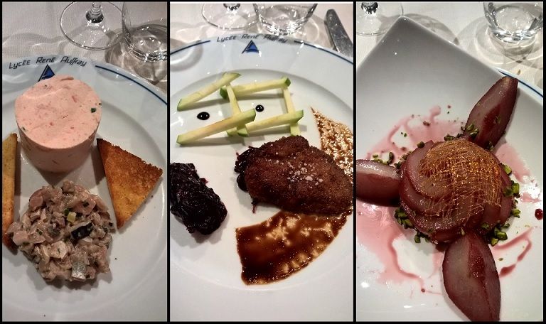 A gauche le bavarois salé, au milieu le foie gras poêlé et à droite les poires pochées.
