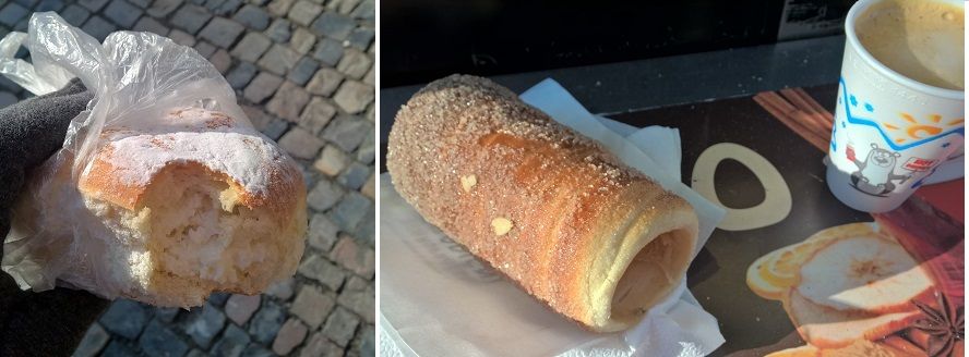 Beignet/chausson au fromage blanc à gauche et trdelniky à droite.