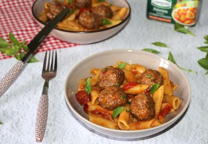 Boulettes de boeuf et ses pennes à la sauce poivrons recette ww