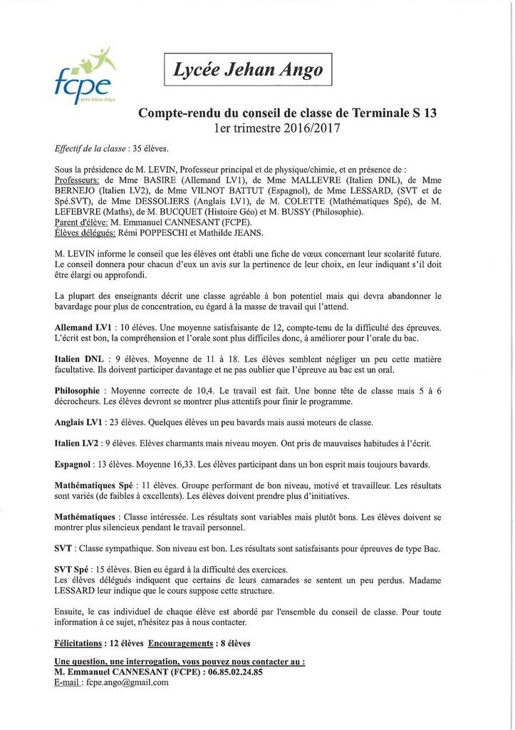 Compte Rendu Du Conseil De Classe Terminale S 13 Fcpe Lycee Jehan Ango