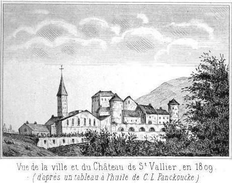 Wikipédia, La ville et du château de Saint-Vallier en 1809, d'après un tableau à l'huile de C.L. Panckoucke