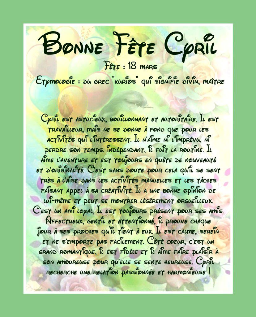 Carte Bonne Fête Cyril - 18 mars