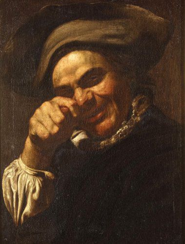 Anonyme caravagesque nordique (Simon Vouet ?) Homme faisant le geste de la fica - vers 1615-1625 - Huile sur toile 51x39cm. Lucques Palazzo Mansi 