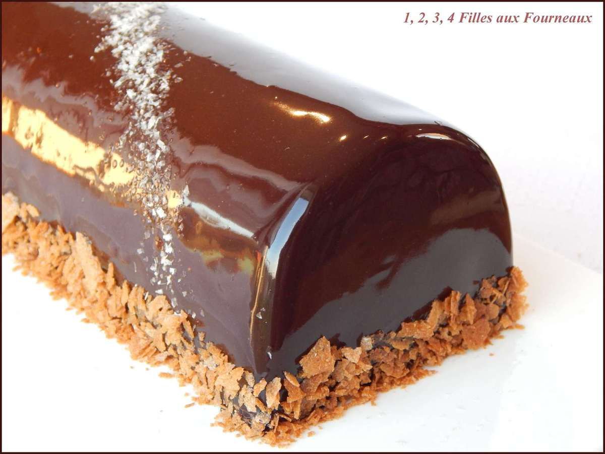 buche royale au chocolat praline croustillant, buche mousse onctueuse et legere au chocolat, croustillant praline
