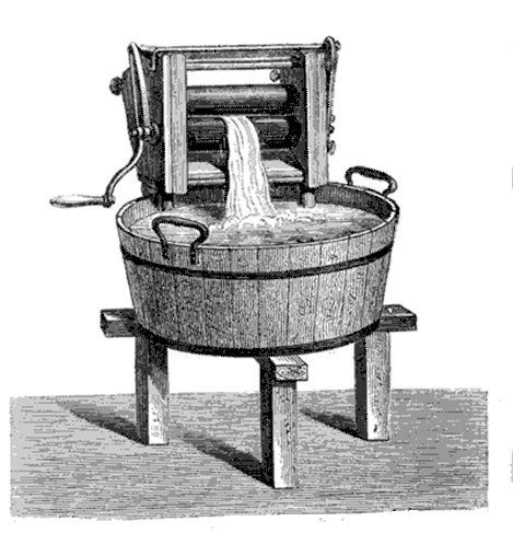 LAVER SON LINGE - La machine à laver est une invention de Jacob Christian Schäffer (1718 -1790), mais le premier brevet relatif à une machine à laver a été déposé le 31 mars 1797 par l'Américain Nathaniel Briggs dans le New Hampshire. La laveuse à rouleaux est inventée en 1843 par John E. Tarnboler à Saint-Jean, au Nouveau-Brunswick. En 1866 apparaissent, en Angleterre, les premières machines à laver mécaniques fonctionnant à manivelles. L'américain Alva John Fisher dépose un brevet concernant une machine à laver à moteur électrique en 1910. En France, on présente à la Foire de Paris de 1930 la première machine à laver à moteur électrique dont l'utilisation se développe dans les années 19604.  En 1937 est inventée la première machine semi-automatique par Rudique. Les années 1960 voient apparaître les premières machines (LADEN), où l'essorage est obtenu par la force centrifuge au sein du tambour