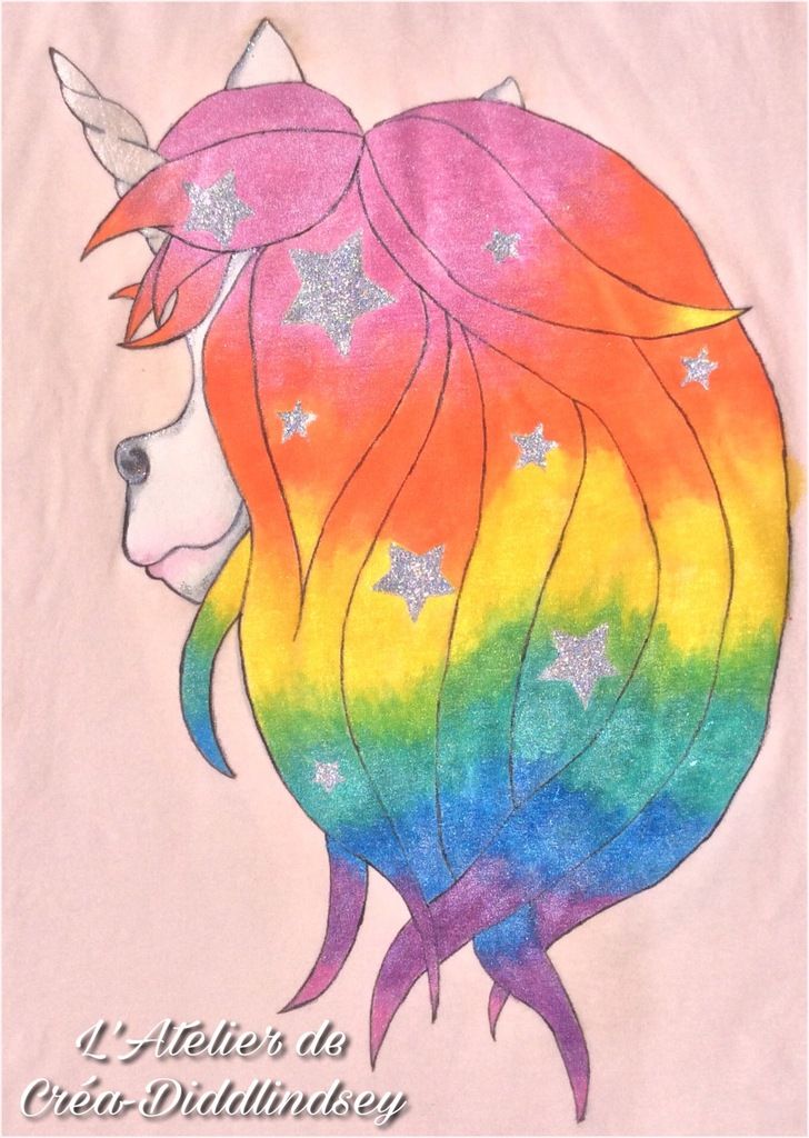 De ce côté là j'ai aussi ajouté c'est paillettes irisée sur la corne et holographique sur certain detail et les etoile pour un maximum de brillance. On aperçoit que la crinière arc-en-ciel et nacré .