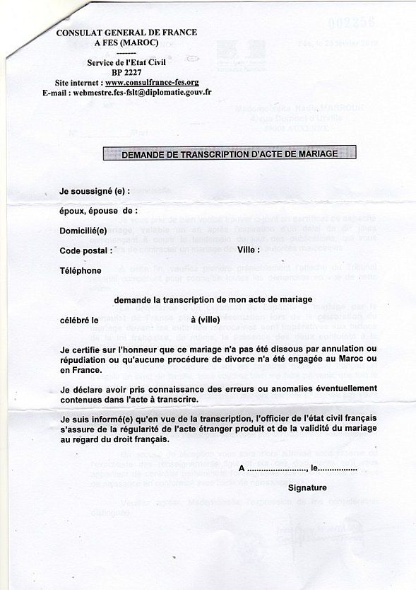 Transcription mariage au ministère à Nantes