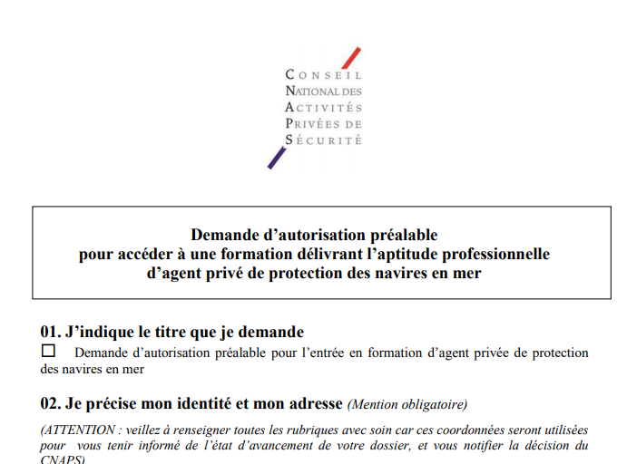 Formulaire de demande d’autorisation préalable : Formation  pour devenir agent privé de protection des navires en mer