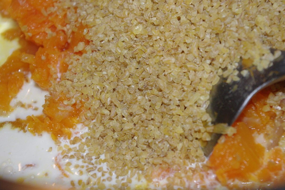 Gratin de courge, crème de soja, boulgour &amp; curry