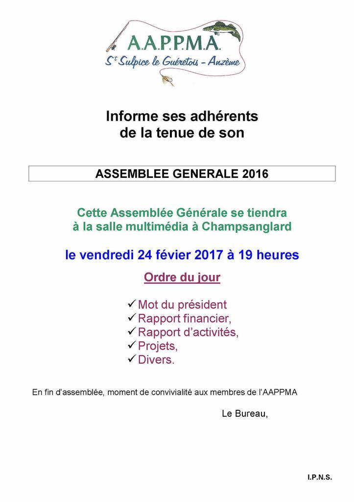 Le 24 février 2017 Assemblée Générale de l'AAPPMA 