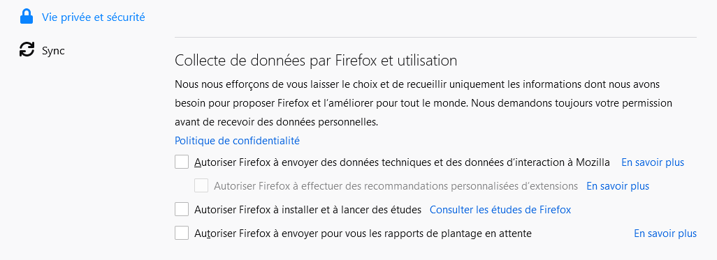 Options Vie privée et sécurité sur Firefox 75