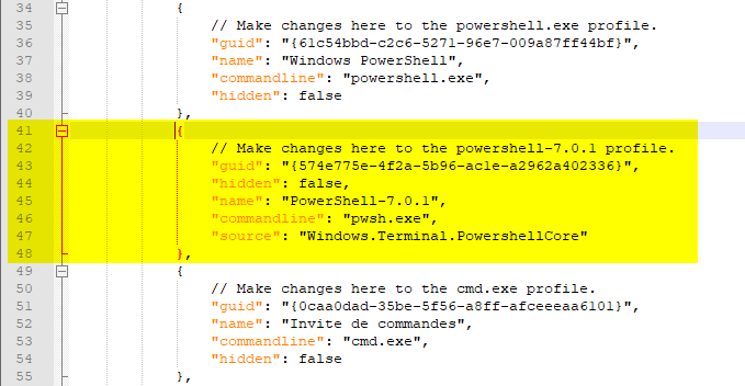Nouveau Terminal Windows 10 - Modification fichier JSON pour PowerShell 7.0.1