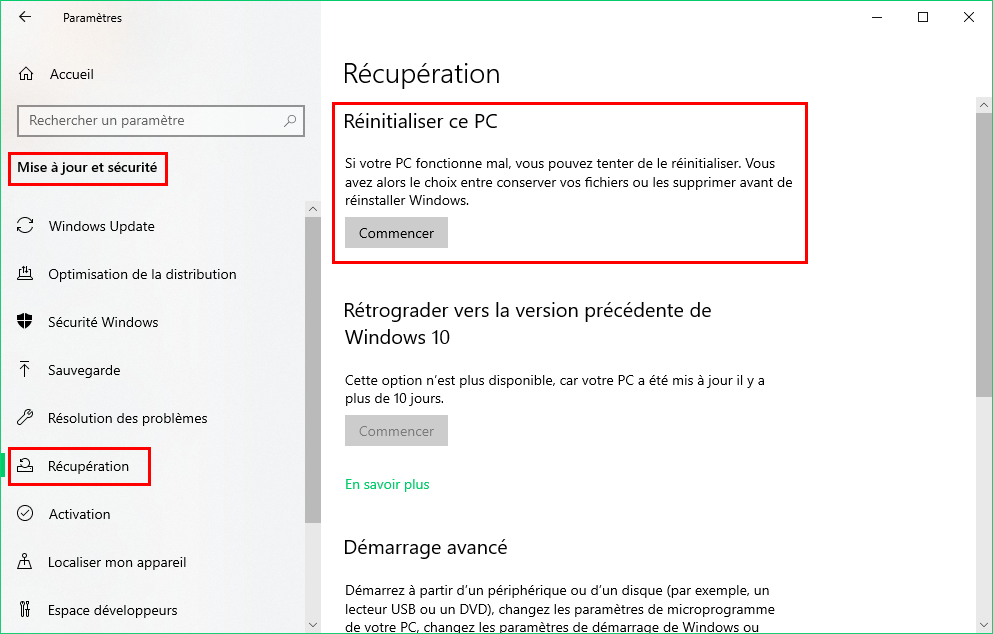 Windows 10 2004 - Emplacement de la fonction "remise à zéro"