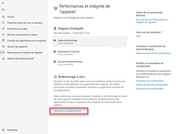 Windows 10 1909 - Emplacement de la fonction "remise à zéro"
