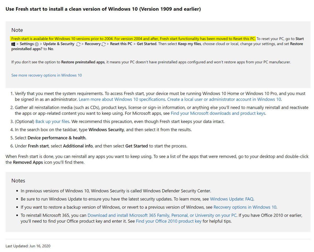 Page de la documentation Microsoft Anglaise - Fresh Start to install a clean version of Windows 10