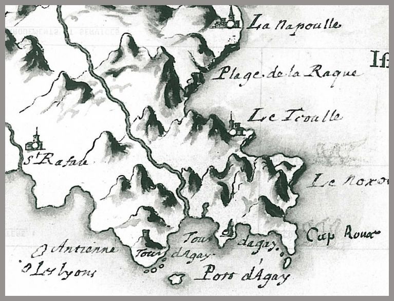 Source site ville Agay – collection Fréderic d’Agay.  Carte du XVIIeme réalisée avant la construction du château d’Agay (1636)