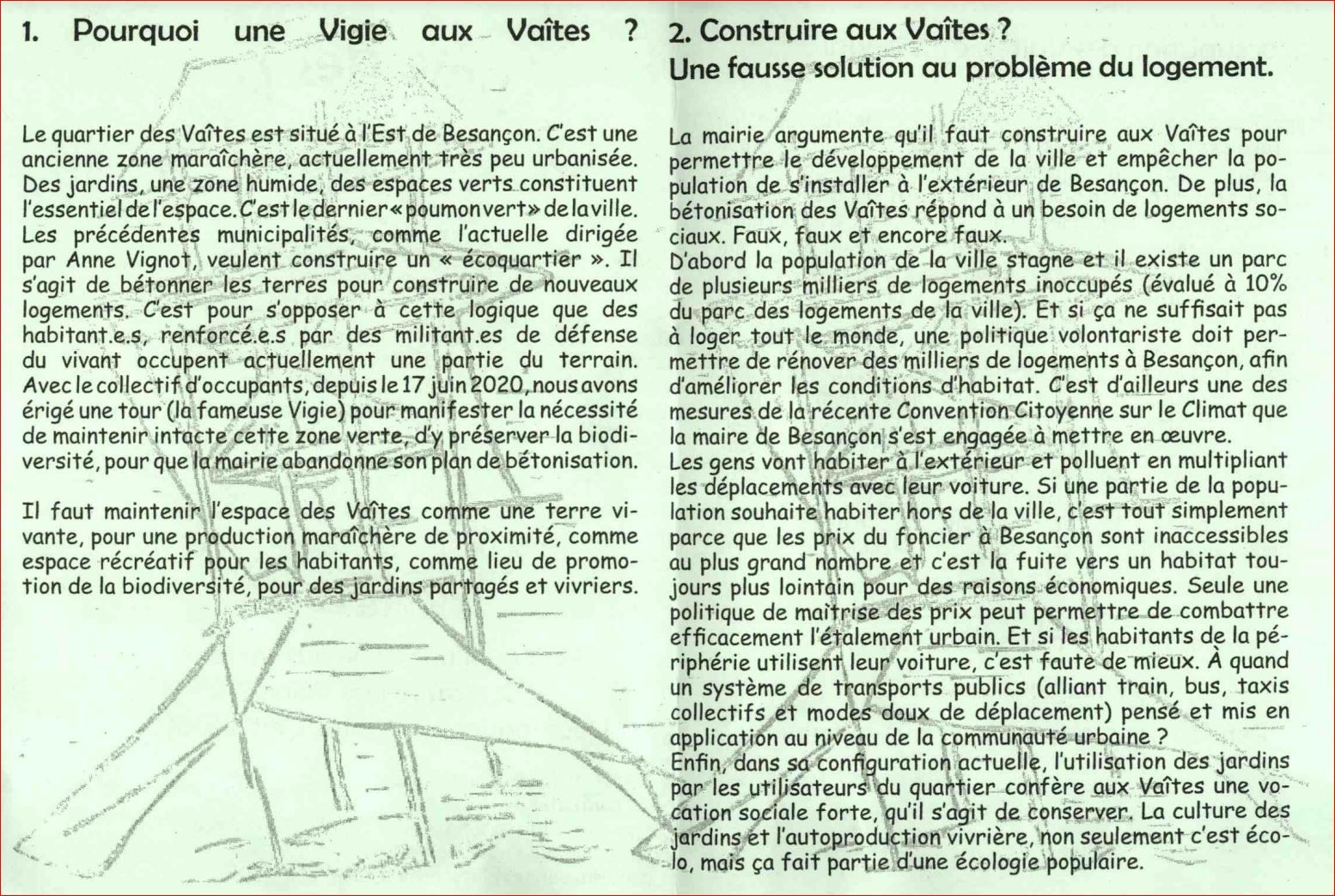 tract vigie des Vaîtes aout 2020 : pourquoi une vigie aux vaîtes ? construire aux vaîtes ? une fausse solution au problème du logement.
